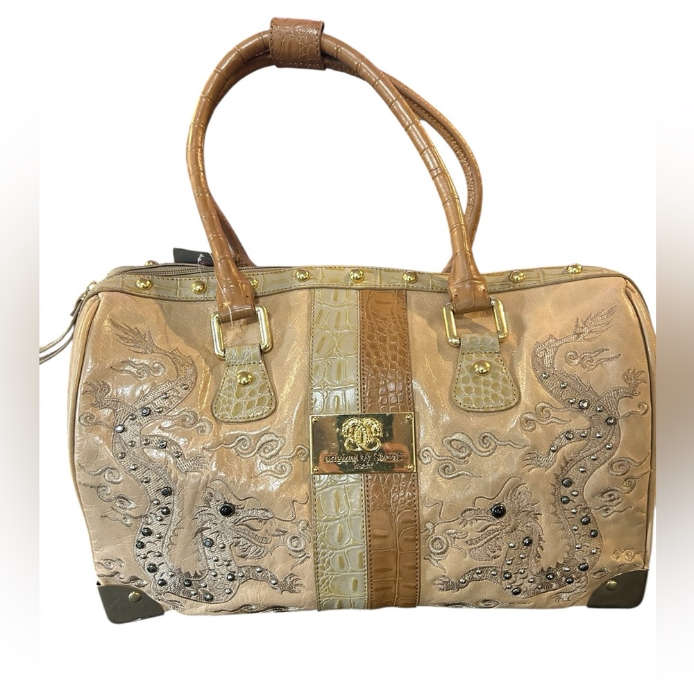 Original by Sharif Double Dragon Embroidered Bead Accent Leather Handbag NWT